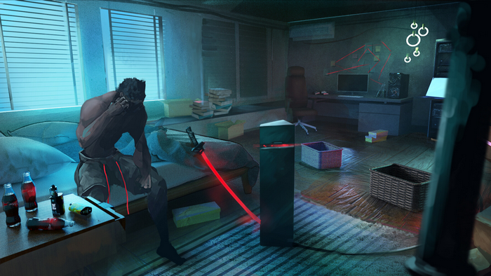 Man in dark room with katana and computer