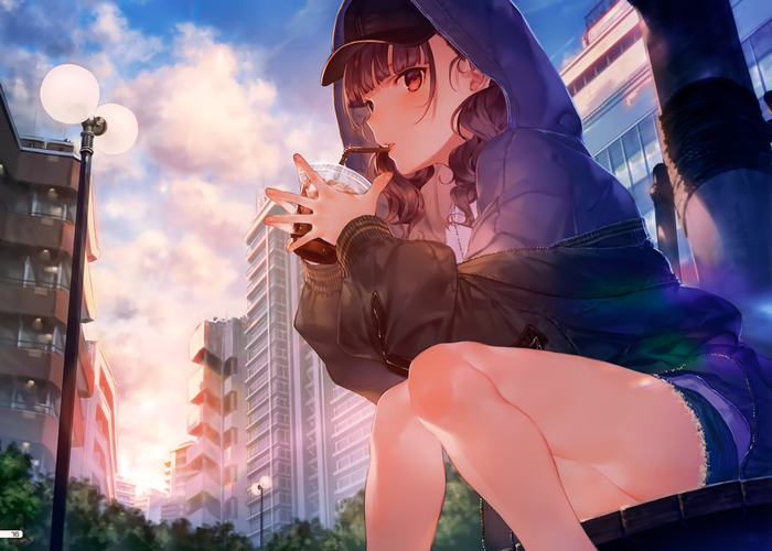 Anime girl in hoodie drinking soda in city