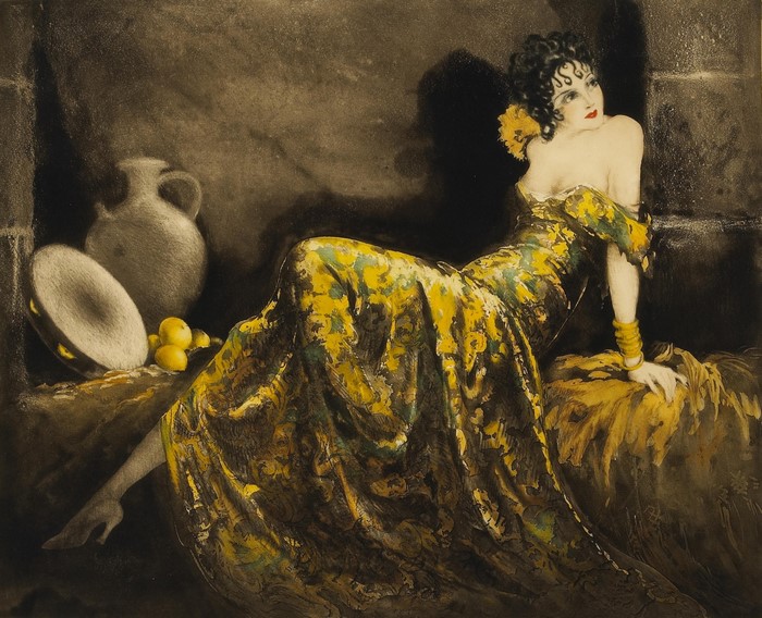 Woman in a yellow dress by Louis Icart