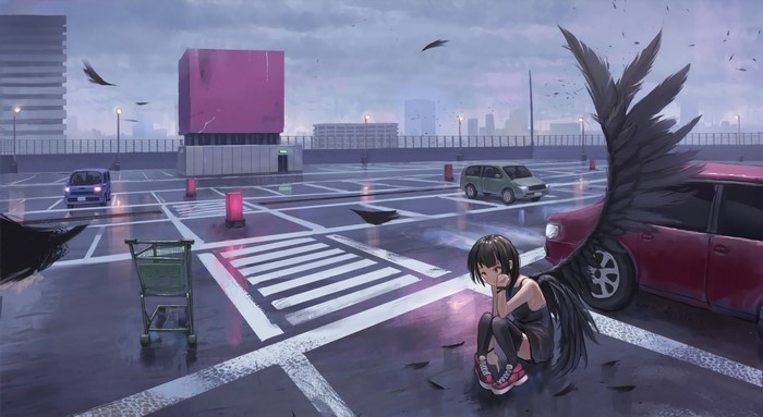 Anime girl with black wings in a rainy parking lot