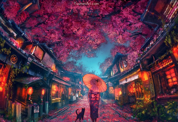 Yuumei Cherry Blossom Street at Night