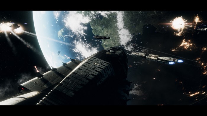 Space battle with explosions near Earth