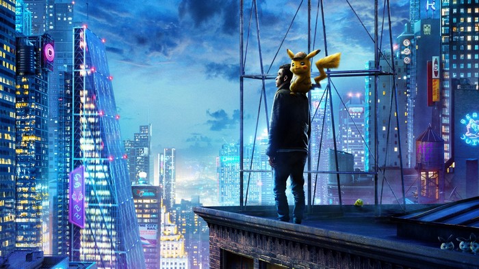 Detective Pikachu and Tim Goodman on a rooftop in Ryme City