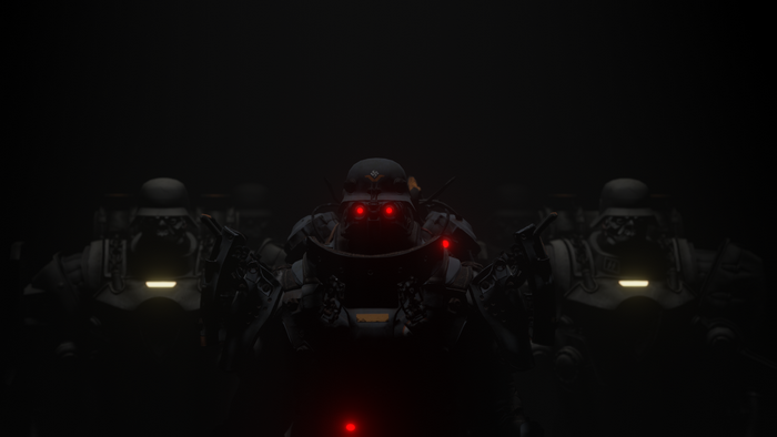 Soldiers with red glowing eyes in dark