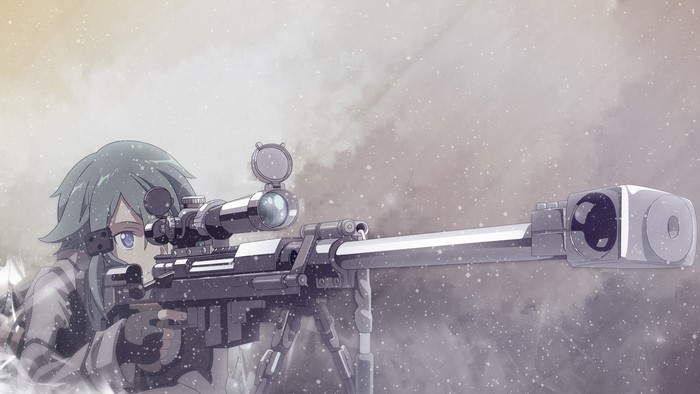 Asada Shino from Sword Art Online with a sniper rifle