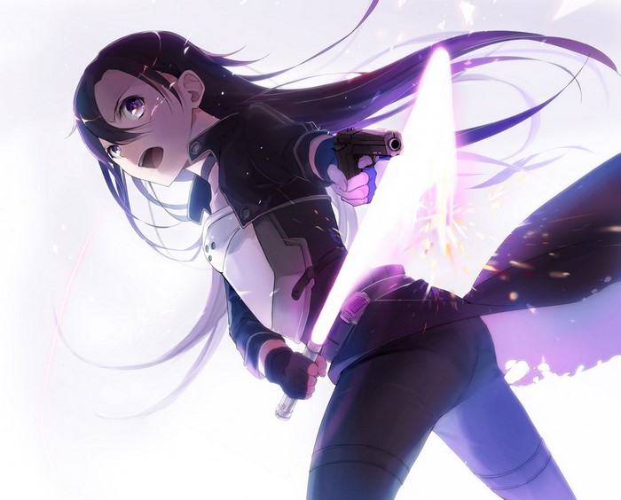 Asada Shino from Sword Art Online holding a gun and sword
