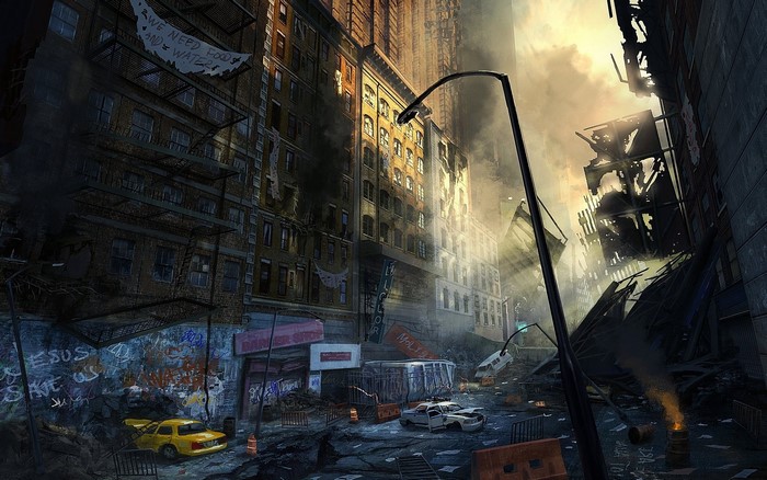 Post-apocalyptic city street with destroyed buildings and cars