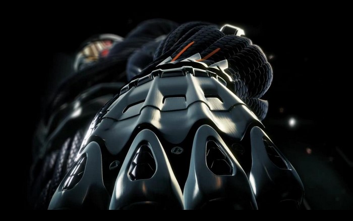Close-up of a futuristic armored hand from Crysis 2