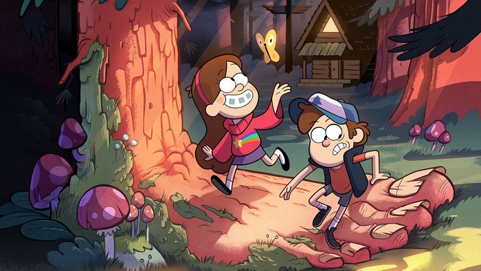 Mabel and Dipper Pines from Gravity Falls in a forest