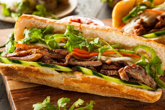 Vietnamese Banh Mi sandwich with meat and vegetables