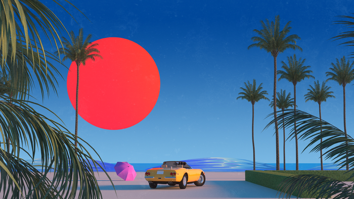 4K, blue, yellow cars, palm trees, vehicle, car, Trey Trimble, red