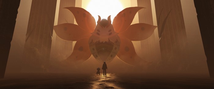 Giant Nine-Tailed Fox Creature and Two Figures