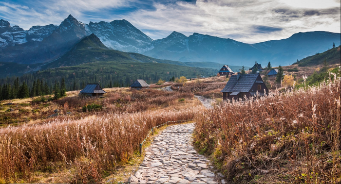 Stone path leading to mountain cabins in autumn
