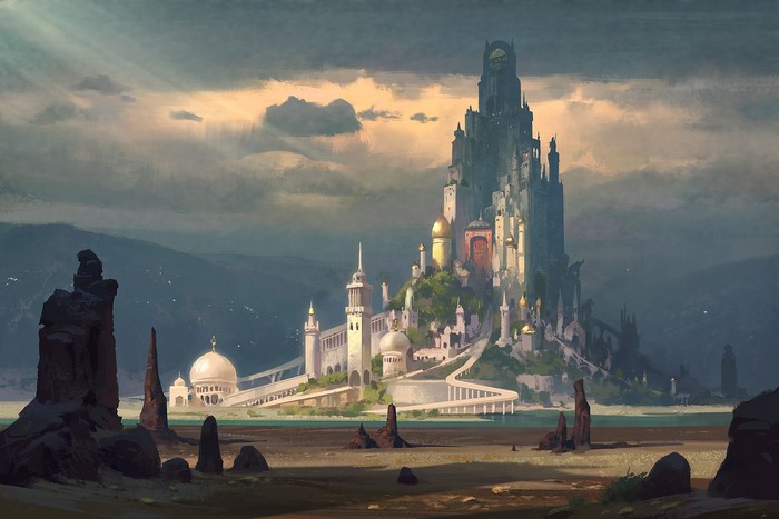 Fantasy castle on a hill with golden domes