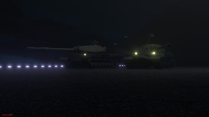 Two tanks at night with lights