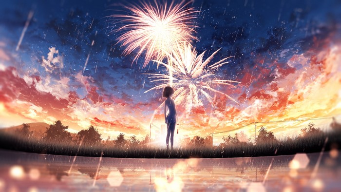 Anime girl watching fireworks in the rain
