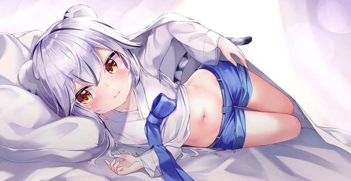 Anime girl with white hair and yellow eyes lying down