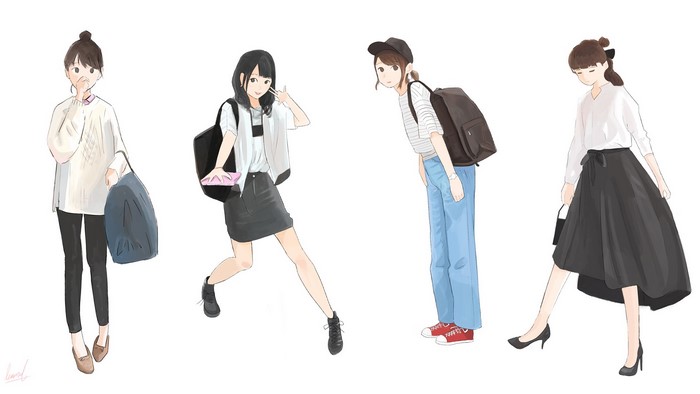 Four anime girls in casual outfits