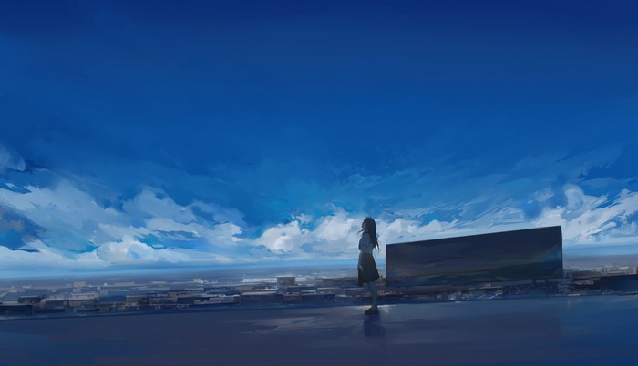 Anime girl on a rooftop overlooking city