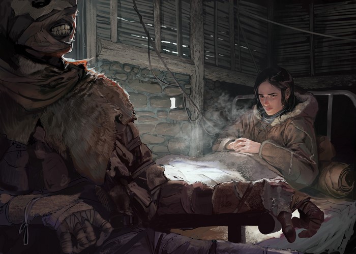 Mummy and woman in a rustic indoor setting