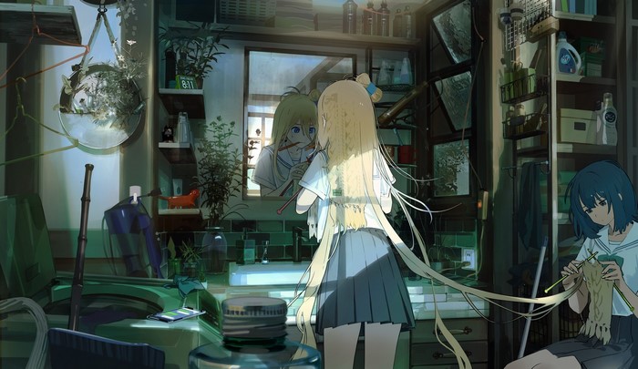Anime girls in a bathroom, one brushing teeth, one knitting