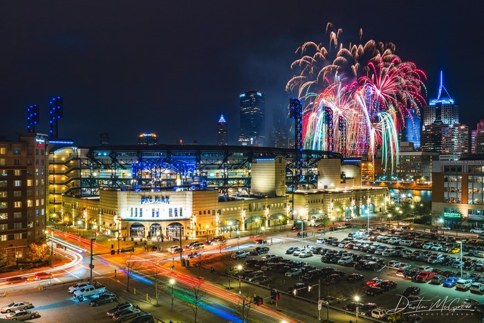 Pittsburgh skyline with fireworks over PNC Park
