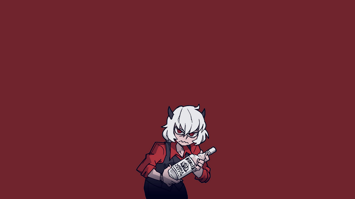 Demon girl from Helltaker holding a bottle of alcohol