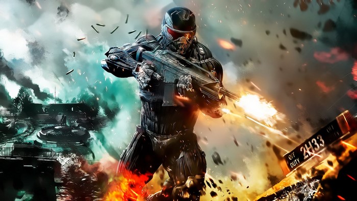 Soldier in Nanosuit firing assault rifle in Crysis 2
