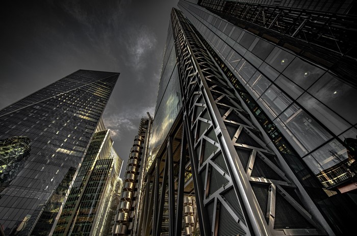 Worm's eye view of modern skyscrapers in London, UK