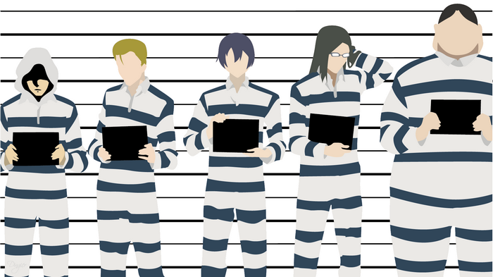 Five men in prison uniforms holding black signs