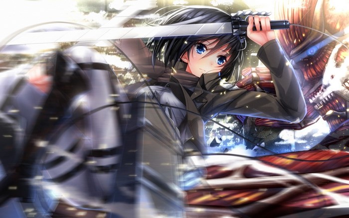 Mikasa Ackerman from Shingeki no Kyojin fighting a Titan
