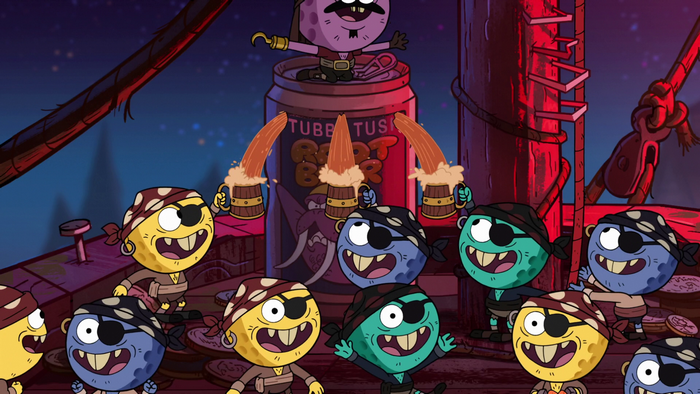 Pirate characters pouring root beer from a giant can