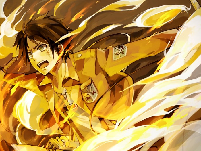 Eren Yeager from Attack on Titan in flames