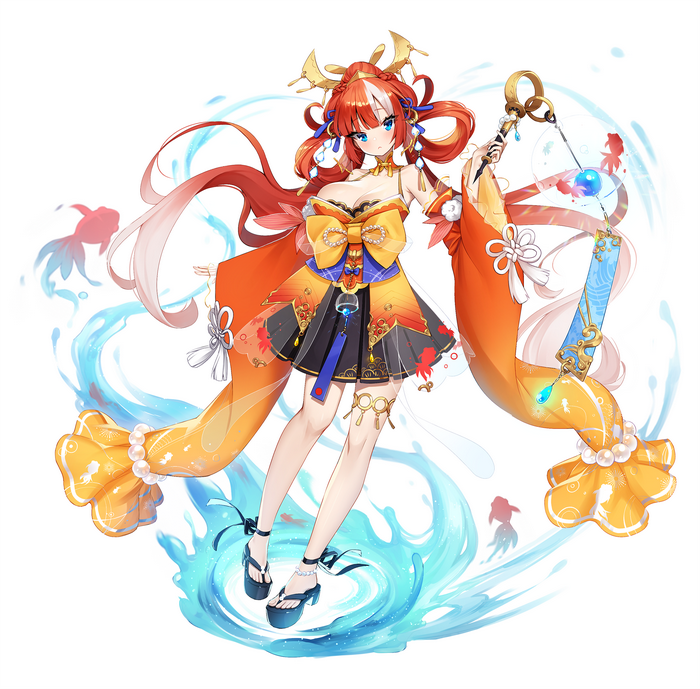 Anime girl with red hair and blue eyes in Japanese clothes