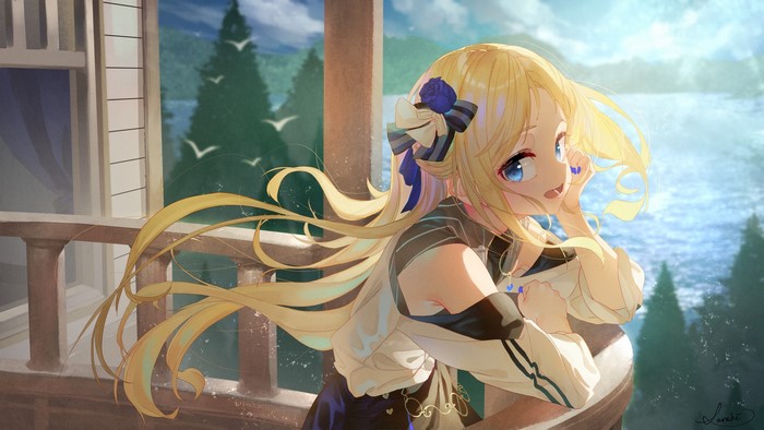 Anime girl with blonde hair on a balcony