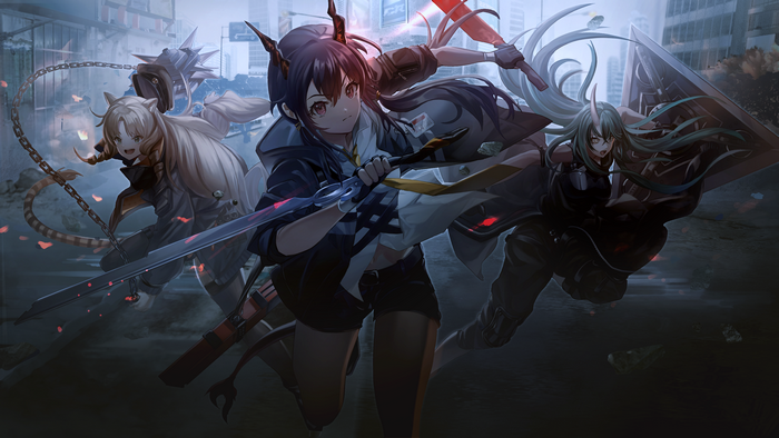 4K Arknights artwork featuring Chen, Hoshiguma, and Swire