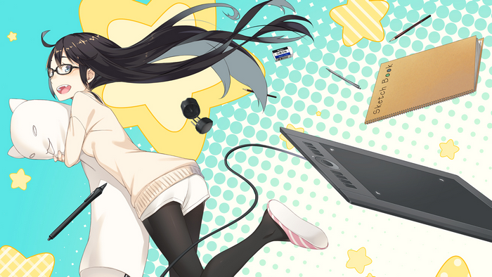 Anime girl with glasses holding a cat pillow and drawing tablet