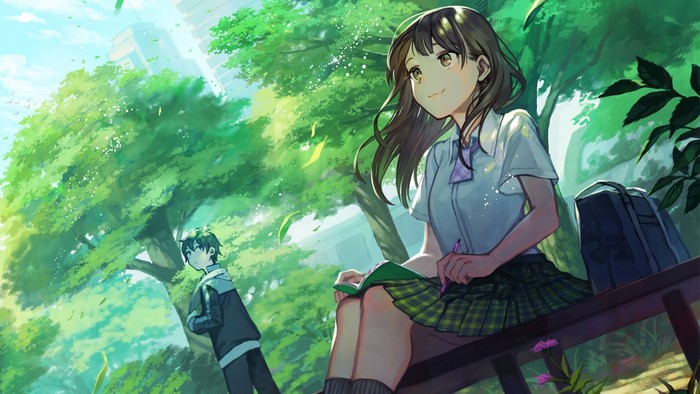 Anime girl writing in a notebook outdoors with a boy in the background