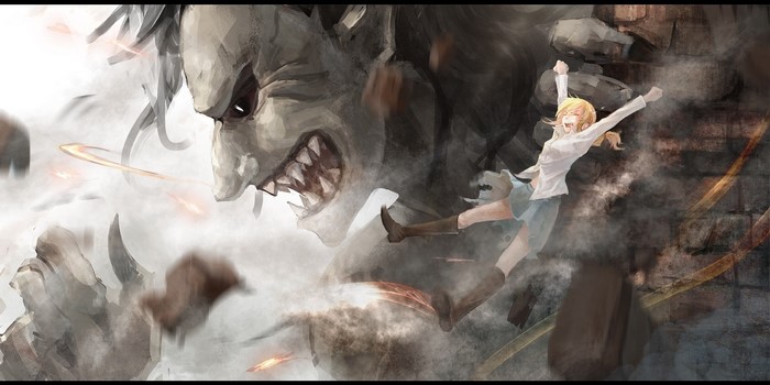 Girl fighting a Titan from Attack on Titan