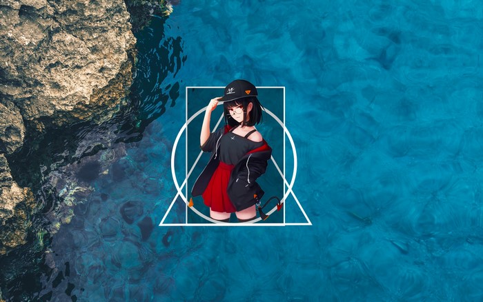 Anime girl in geometric frame over ocean and rocks