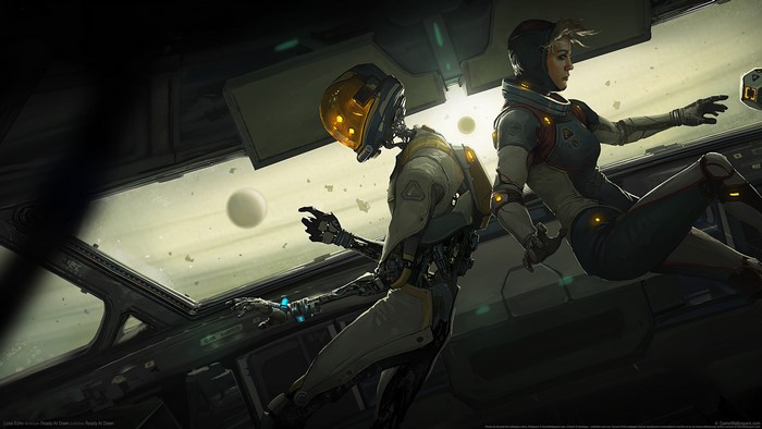 Robot and Woman in Spacesuits in Spaceship