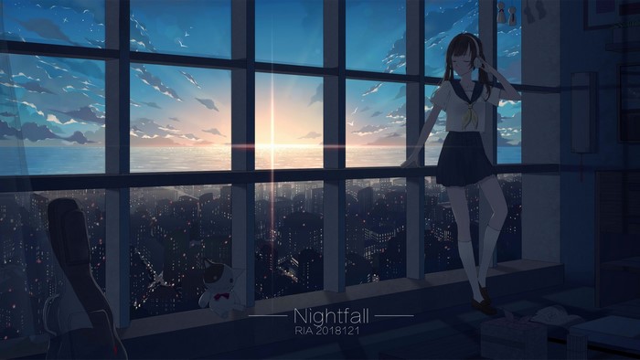 Anime girl in school uniform by the window at sunset