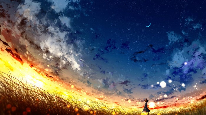 Girl in a field under a starry sunset sky