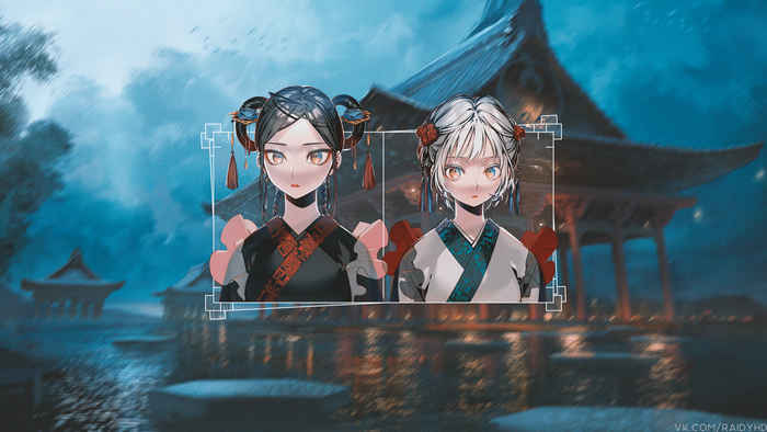 Anime girls in traditional Japanese attire