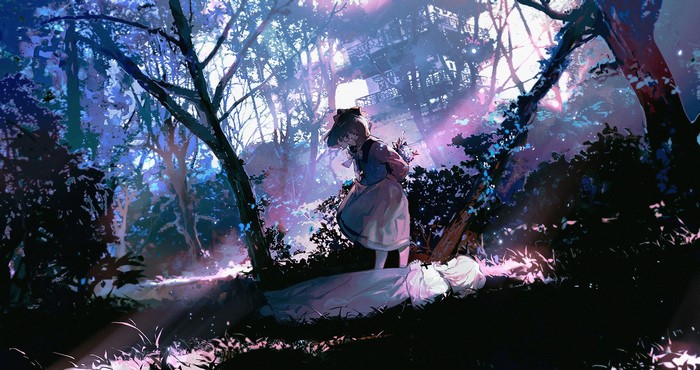 Anime girl in a magical forest with another girl lying down