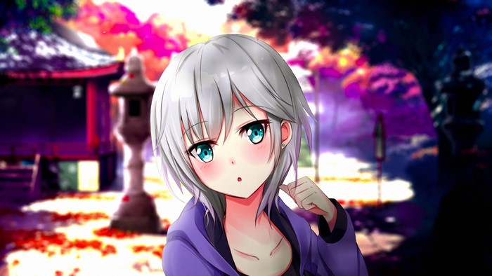 Anime girl with short white hair in a purple hoodie