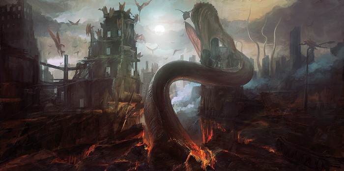 Dark fantasy artwork of a ruined city with a giant serpent