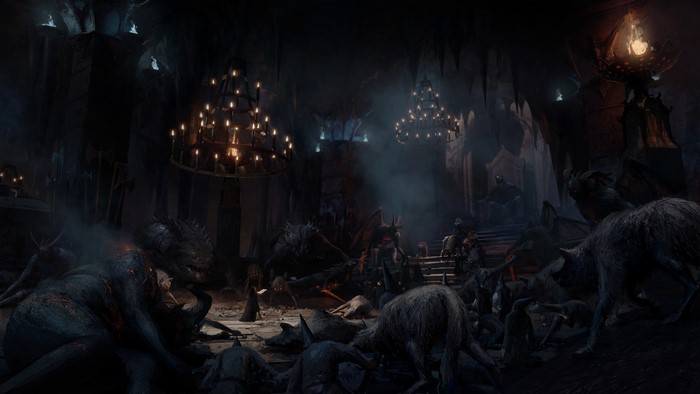 Fantasy artwork of a dark throne room with creatures