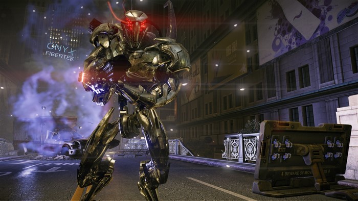 Alien robot with glowing eyes in a city street