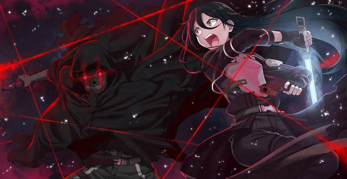 Asuna and Kirito from Sword Art Online fighting a skull-faced enemy